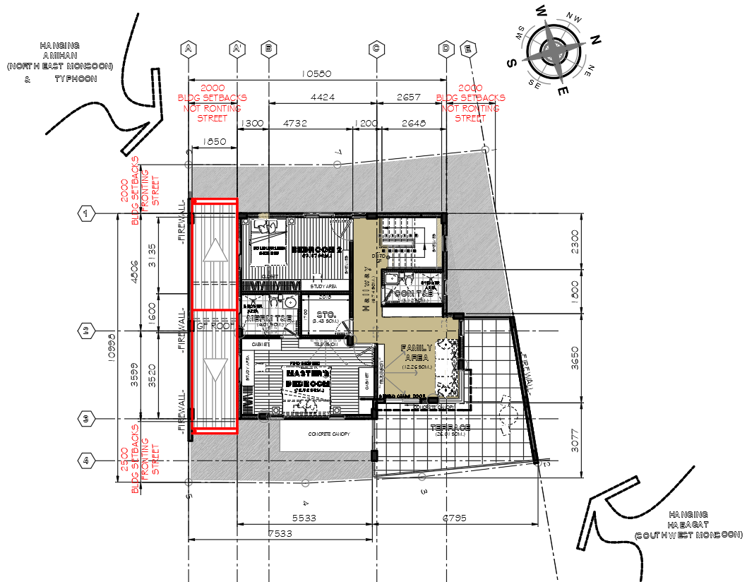 Second floor architectural plan with dimensions and setbacks